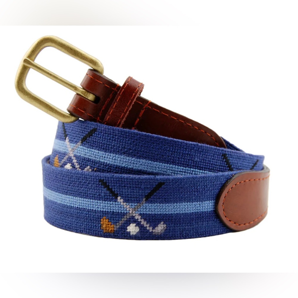 NWT! Smathers & Branson Needlepoint Cross Clubs Cotton and Leather Belt Golf